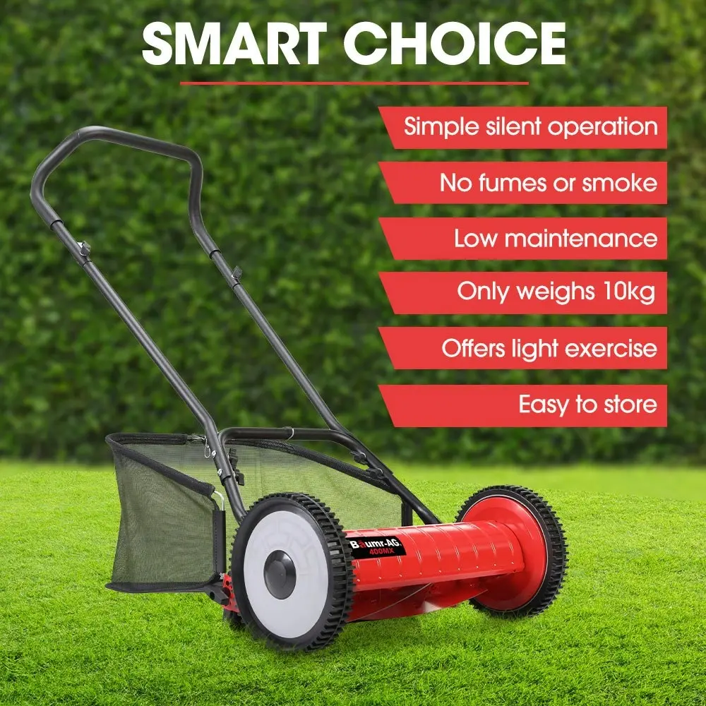 Baumr-AG 400MX 16 Inch Manual Reel Push Lawn Mower, w/ Catcher, 5 Height Settings