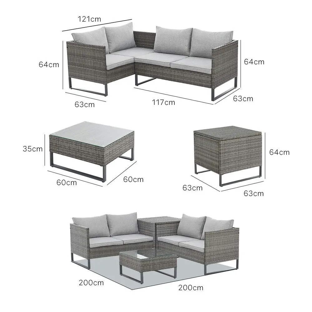 London Rattan 4 pc Outdoor Furniture Setting, 4 Seater Lounge, Chairs, Coffee Table and Storage Box, for Outdoors Garden Patio, Grey