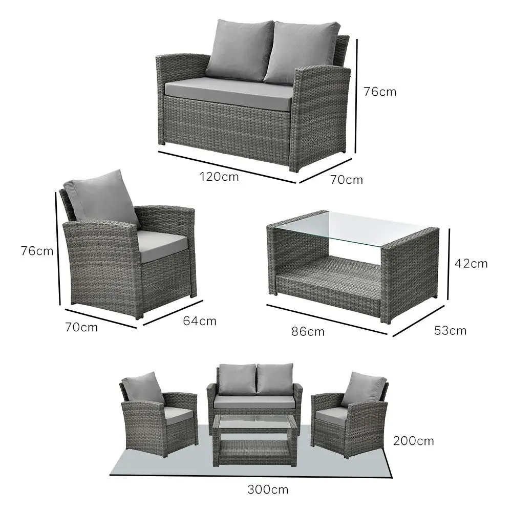 London Rattan 4 pc Outdoor Furniture Setting, 4 Seater, Lounge Sofa Chairs and Coffee Table, for Outdoors Garden Patio, Grey