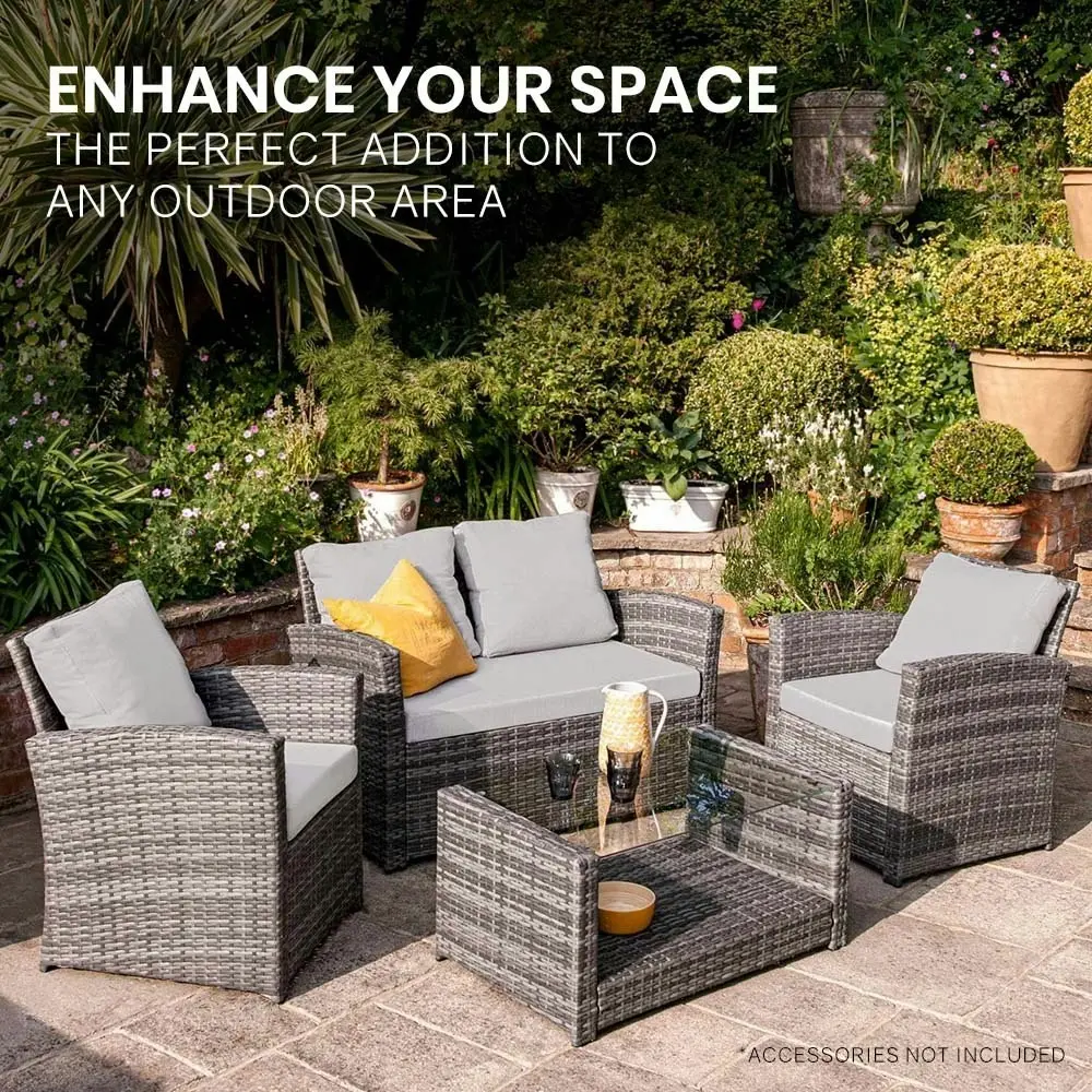 London Rattan 4 pc Outdoor Furniture Setting, 4 Seater, Lounge Sofa Chairs and Coffee Table, for Outdoors Garden Patio, Grey