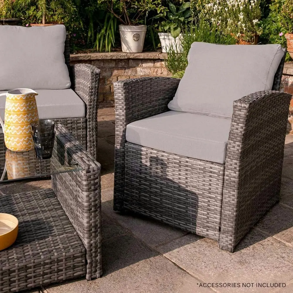 London Rattan 4 pc Outdoor Furniture Setting, 4 Seater, Lounge Sofa Chairs and Coffee Table, for Outdoors Garden Patio, Grey