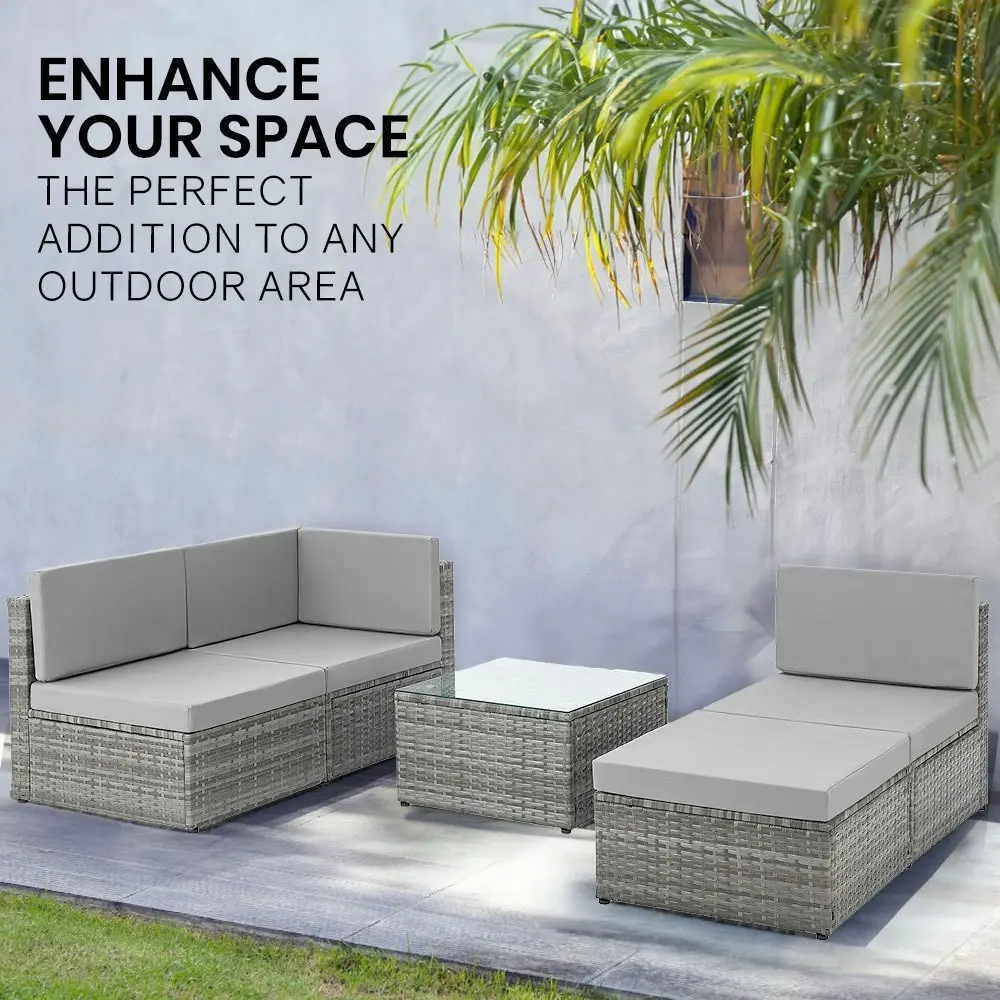 London Rattan 5 pc Outdoor Furniture Setting, 4 Seater Lounge Chairs, Includes Ottoman and Coffee Table, for Outdoors Garden Patio, Grey