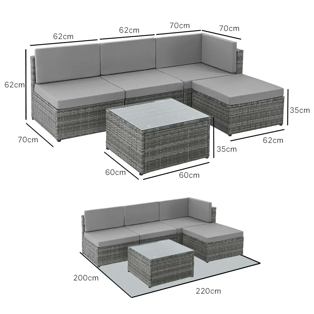 London Rattan 5 pc Outdoor Furniture Setting, 4 Seater Lounge Chairs, Includes Ottoman and Coffee Table, for Outdoors Garden Patio, Grey