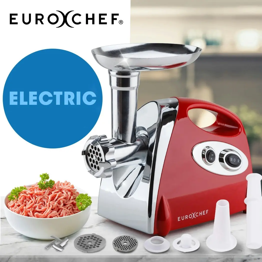 EuroChef Electric Meat Grinder, Stainless Steel Mincer Sausage Filler Kibbe Maker, Red