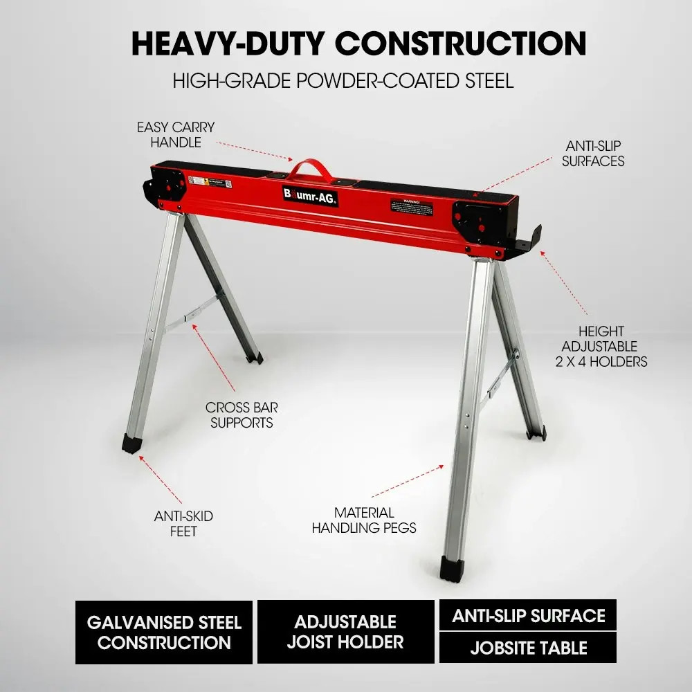 Baumr-AG 2 x Steel Saw Horse, 1000kg Capacity Folding Adjustable Sawhorses, 2x4 Support Arms