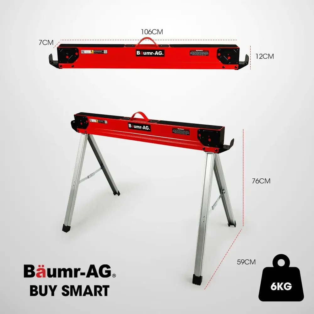 Baumr-AG 2 x Steel Saw Horse, 1000kg Capacity Folding Adjustable Sawhorses, 2x4 Support Arms