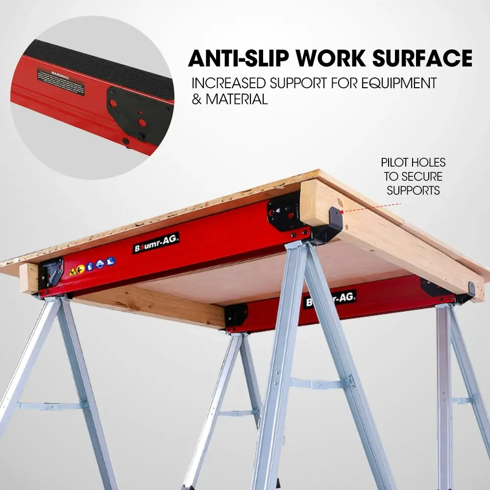 Baumr-AG 2 x Steel Saw Horse, 1000kg Capacity Folding Adjustable Sawhorses, 2x4 Support Arms