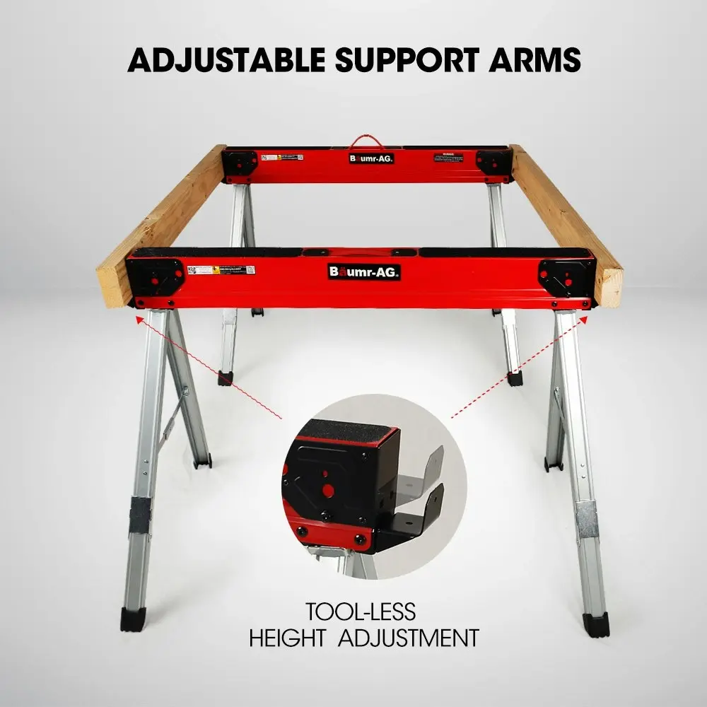 Baumr-AG 2 x Steel Saw Horse, 1000kg Capacity Folding Adjustable Sawhorses, 2x4 Support Arms