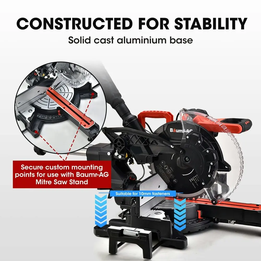 Baumr-AG 305mm Dual Bevel Sliding Compound Mitre Drop Saw and Adjustable Stand Combo