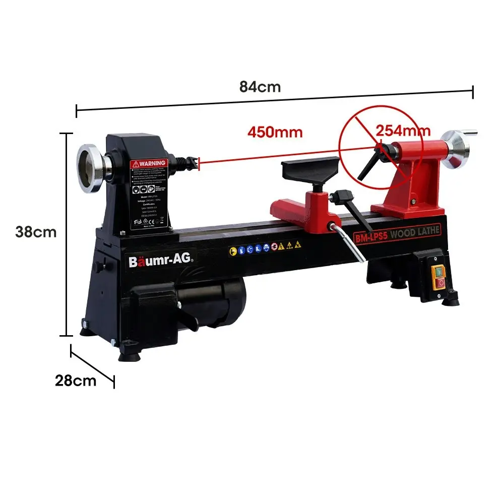 Baumr-AG 450 x 254mm Heavy Duty Wood Lathe Turning Machine 400W S1 Motor, 5 Speed