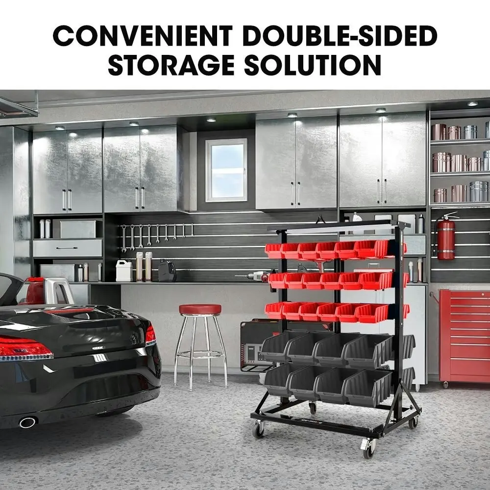 Baumr-AG 52 Parts Bin Rack Storage System Mobile Double-Sided - Red