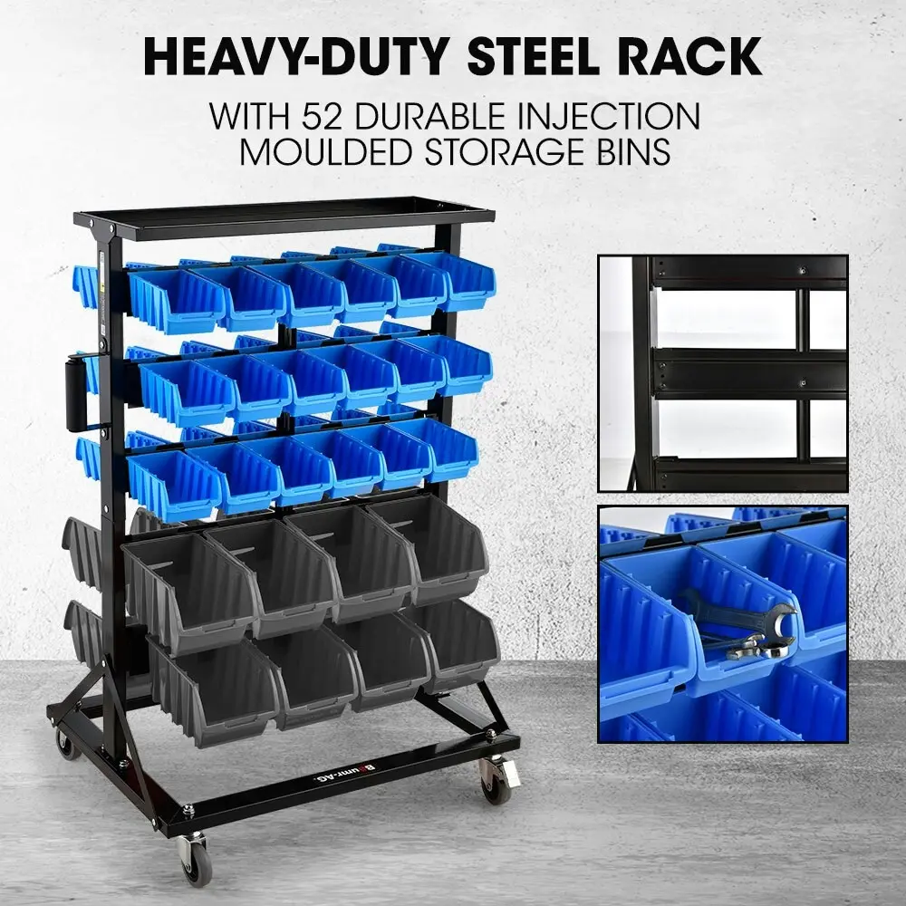 Baumr-AG 52 Parts Bin Rack Storage System Mobile Double-Sided - Blue