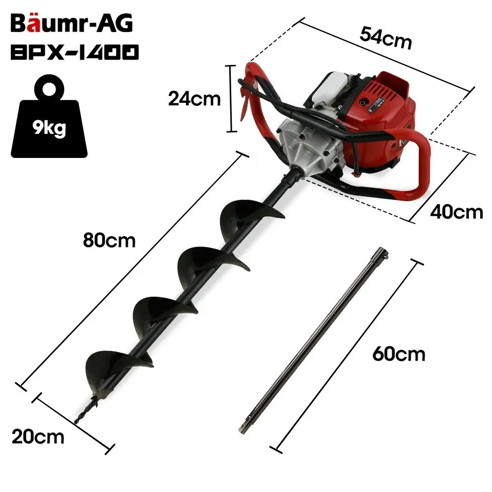 Baumr-AG BPX-1400 38cc 4-Stroke Petrol Post Hole Digger, 150mm Auger w/ 600mm Extension Shaft