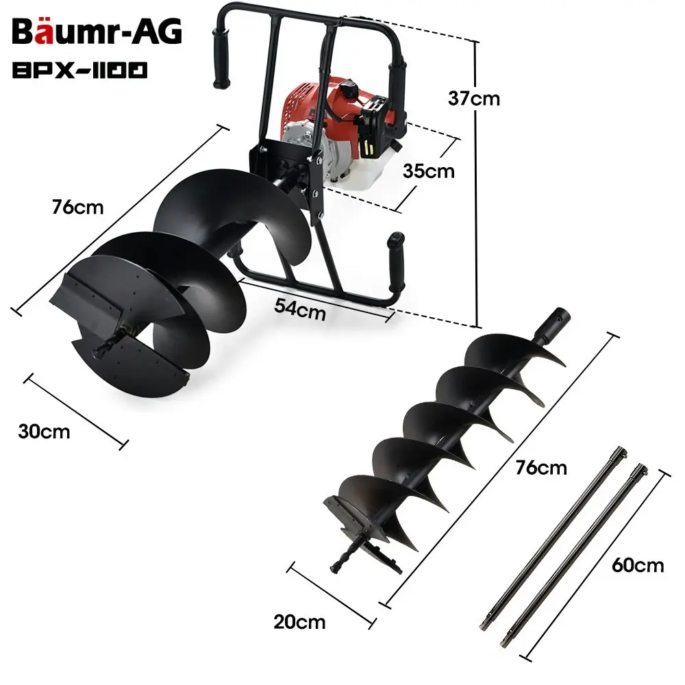 Baumr-AG Petrol Post Hole Digger, 2 Man Handle, 200mm Double Helix +300mm Earth Auger Bits