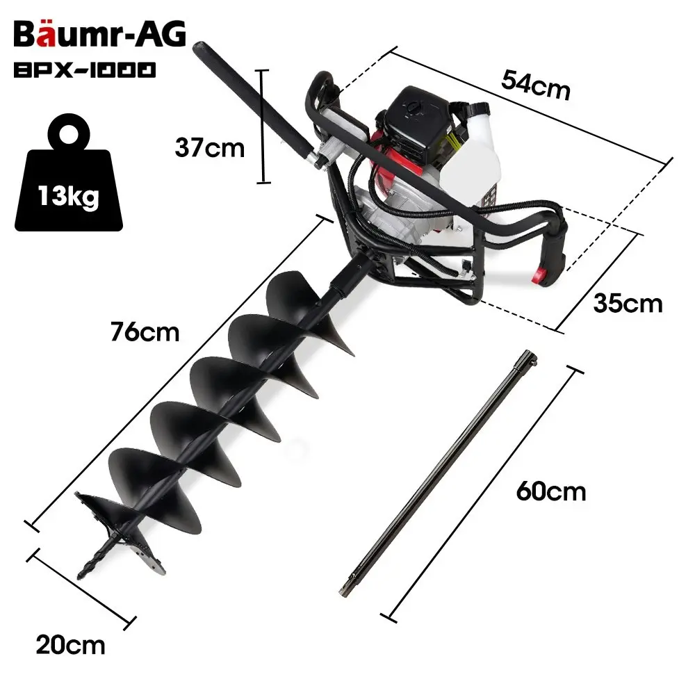 Baumr-AG Petrol Post Hole Digger, Safety Stop Brake, 200mm Double Helix Earth Auger Bit