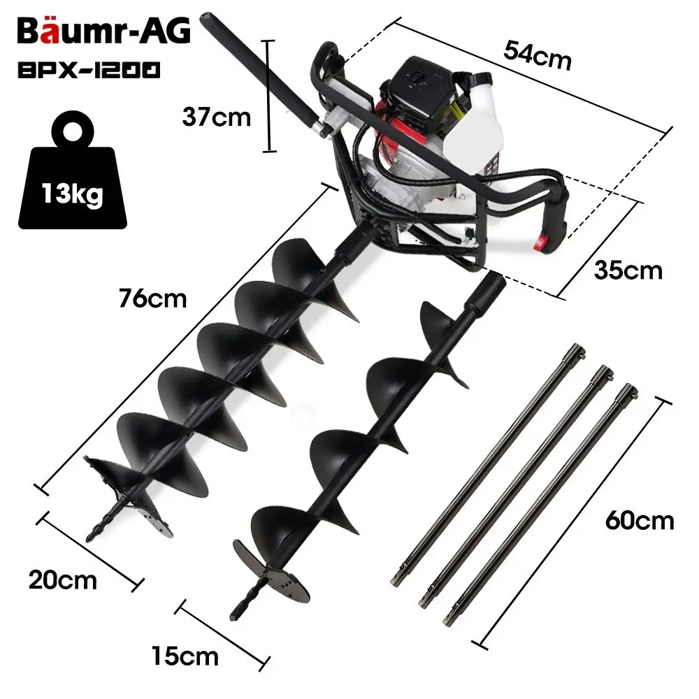 Baumr-AG Petrol Post Hole Digger, Safety Stop Brake, 150mm+200mm Double Helix Earth Auger Bits