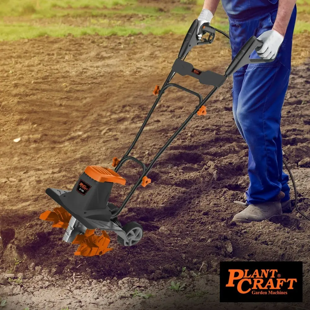 PlantCraft Electric Rotary Hoe Garden Tiller Soil Cultivator, Adjustable Depth, 6 Tines