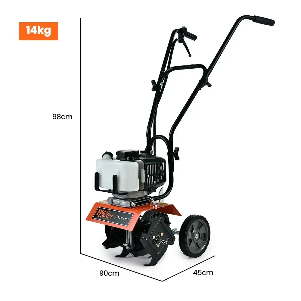 PlantCraft 52CC Petrol Garden Cultivator Tiller 10in Handheld Rototiller 2-Stroke, Titan 7