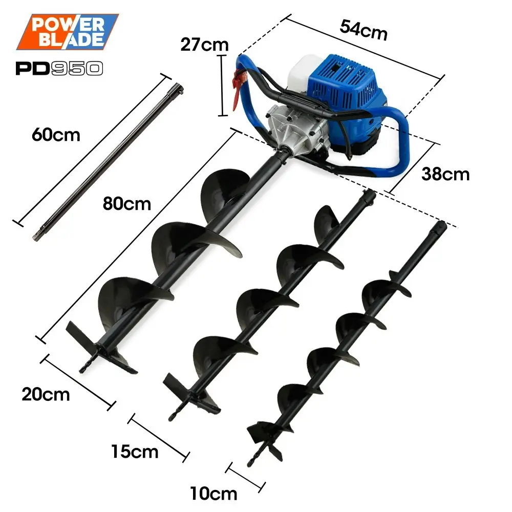 PowerBlade PD950 52cc 2-Stroke Petrol Post Hole Digger, w/ 3 Auger bits, 600mm Extension Shaft