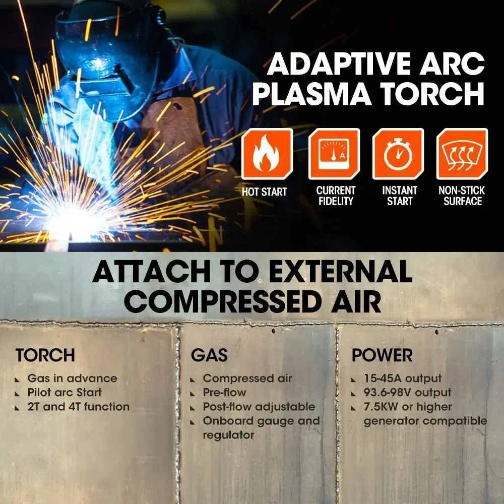 Rossi 45A Plasma Cutter, Non-Touch Pilot ARC for Easy Cuts of Painted or Rusty Metals, DC Inverter Cutting Machine, Compressed Air