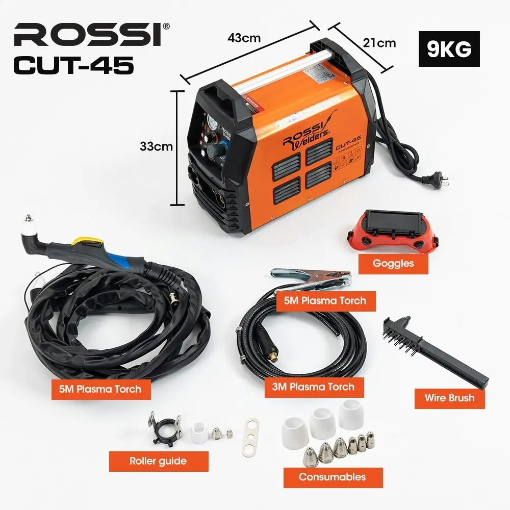 Rossi 45A Plasma Cutter, Non-Touch Pilot ARC for Easy Cuts of Painted or Rusty Metals, DC Inverter Cutting Machine, Compressed Air