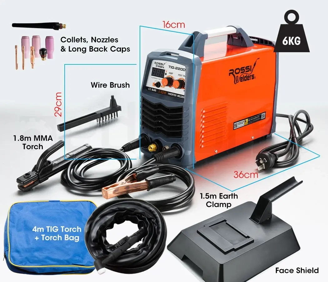 Rossi 220 Amp TIG Welder, Portable GTAW Stick Gas Tungsten Arc MMA Inverter Welding Machine, 15A Plug