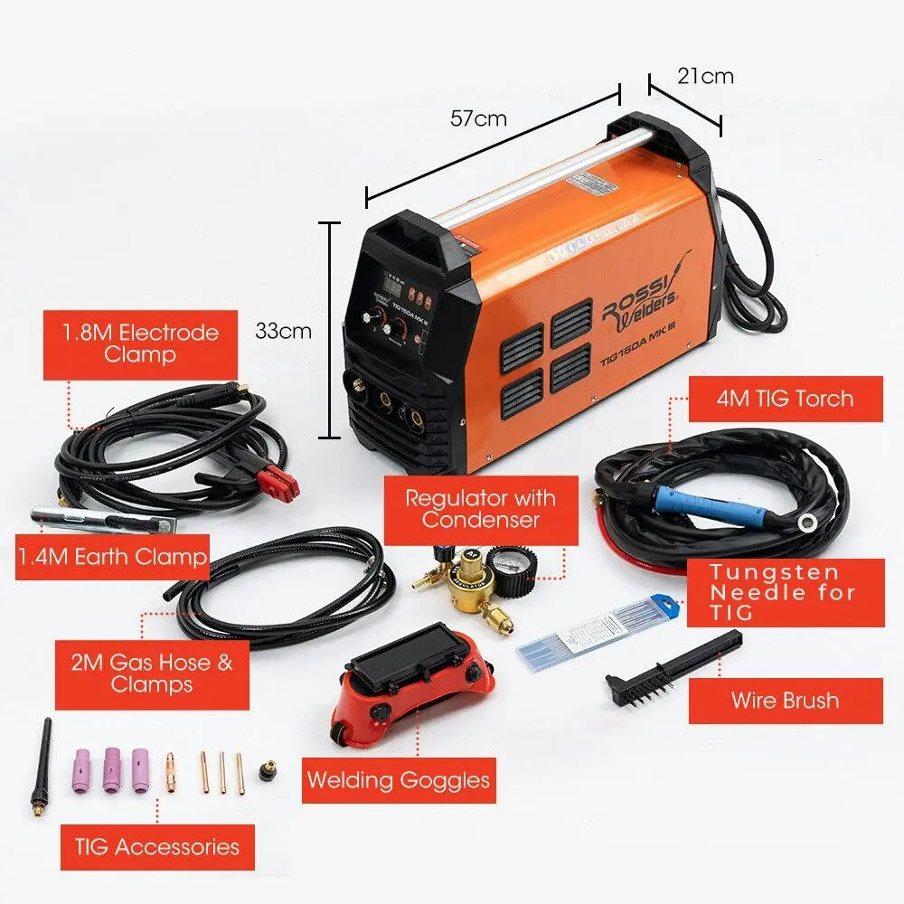 Rossi 160 Amp Inverter Welder TIG Arc Stick, AC/DC, with Accessories (15A Plug)