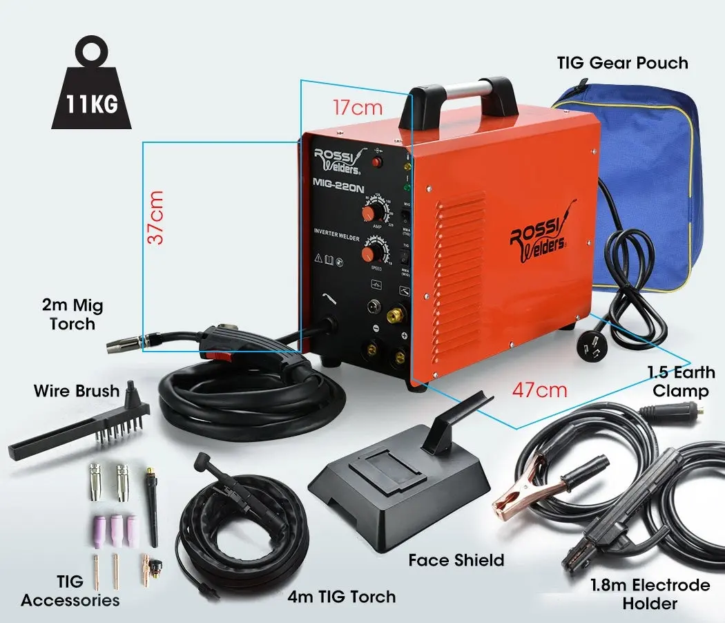 Rossi 220 Amp MIG MMA TIG Welder, 3in1 Multi-process Portable Inverter Gas Gasless Stick Welding Machine, 15A Plug