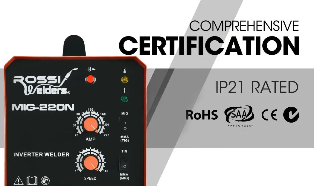 Rossi 220 Amp MIG MMA TIG Welder, 3in1 Multi-process Portable Inverter Gas Gasless Stick Welding Machine, 15A Plug