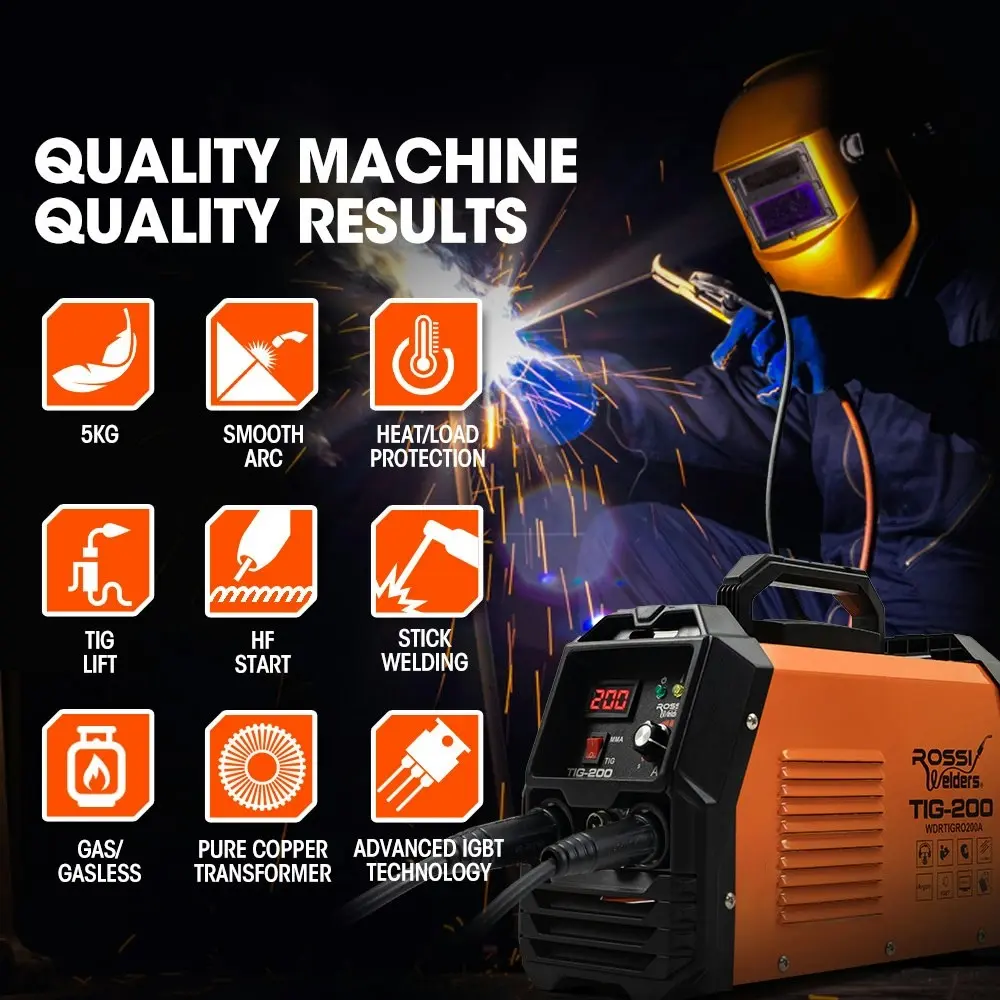 Rossi NextGenTIG/MMA 200A Welder TIG-200, Ar Gas, HF Start, Regulator Included