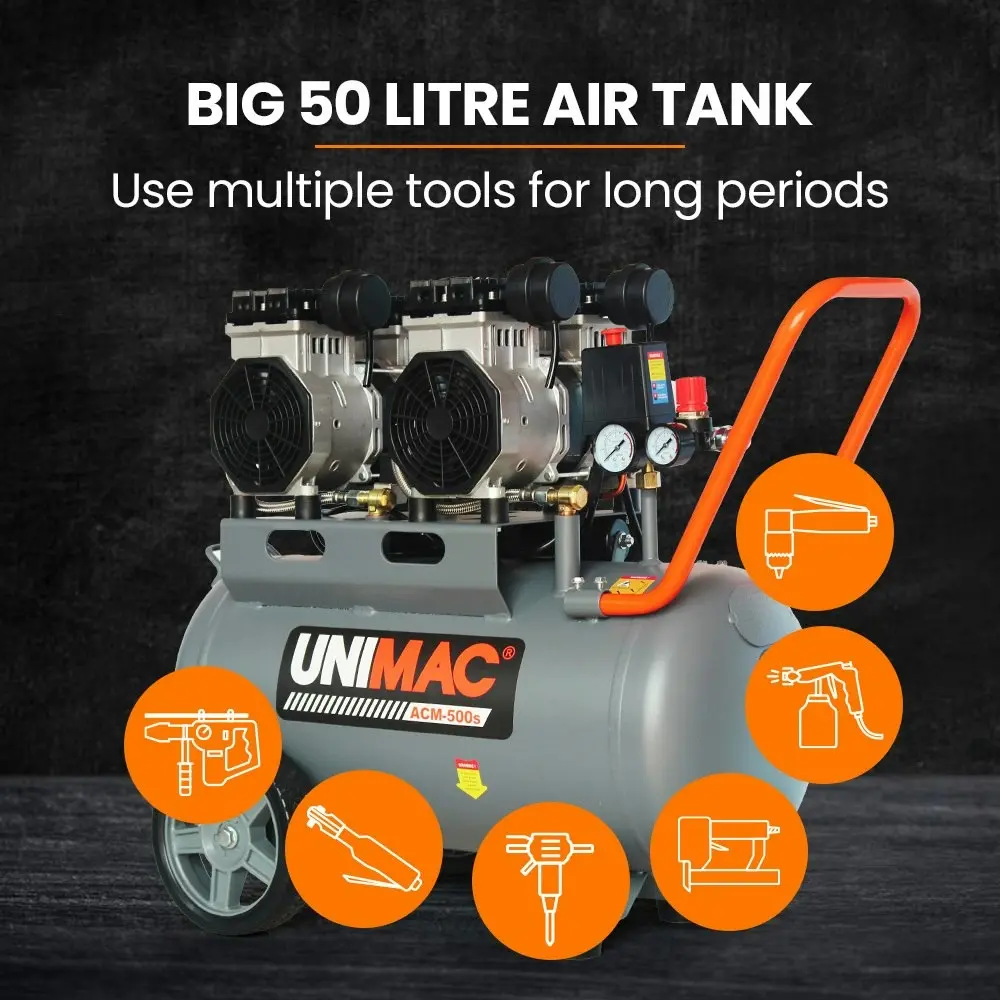 Unimac 50L 3.0HP Silent Oil-Free Electric Air Compressor, Portable, Twin Nitto Outlets