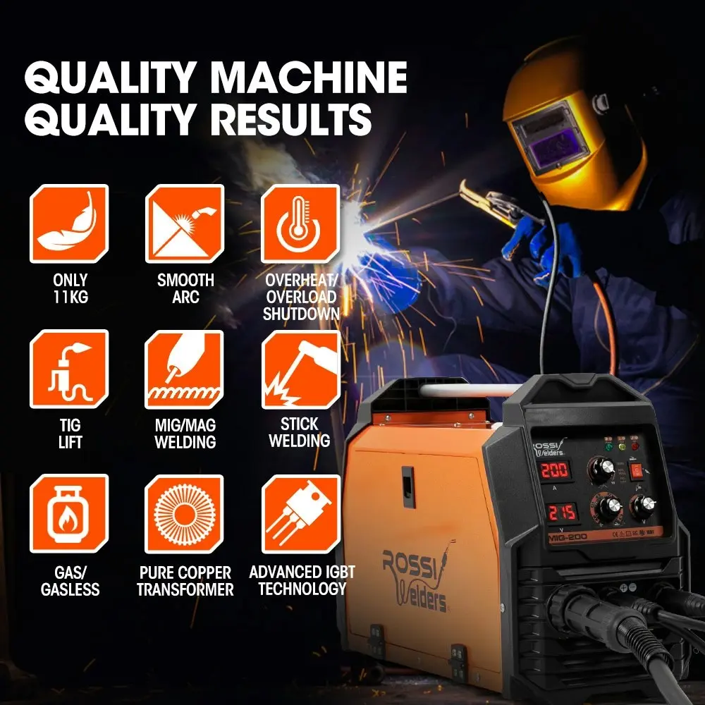 Rossi 200A MIG/MAG/MMA/ARC/TIG Multi-Purpose Welder MIG-200, Flux/Solid Wire/CO2 Or Argon Gas