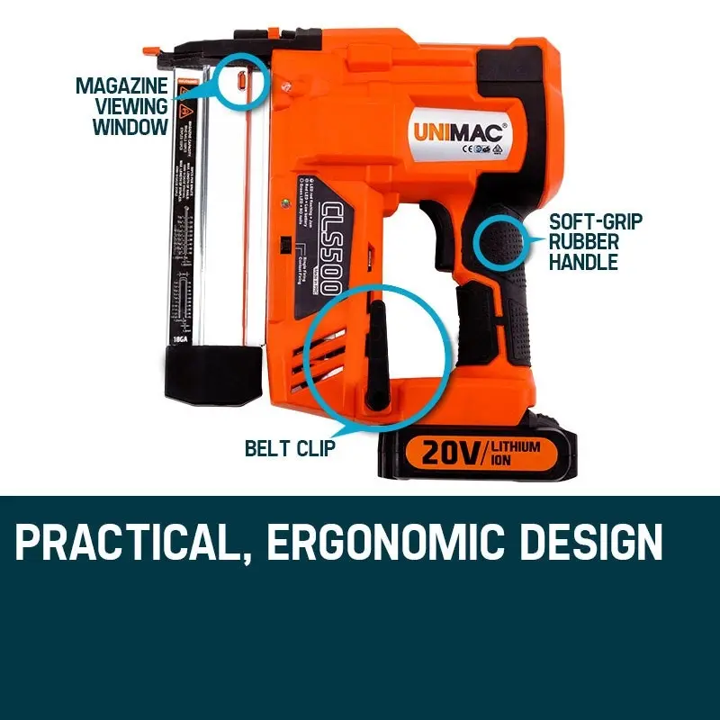 Unimac CLS500 15-50mm 18ga 2in1 Stapler/Brad Nail Gun, Cordless 20V Lithium Nailer