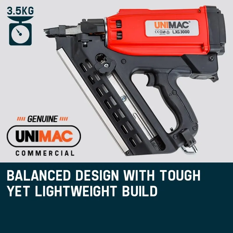 Unimac LXG3000 50-90mm 34-Deg Cordless  Gas Framing Nail Gun, Commercial Gas Nailer, with 2 Li-Ion Batteries