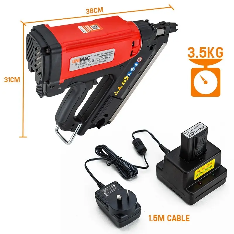 Unimac LXG3000 50-90mm 34-Deg Cordless  Gas Framing Nail Gun, Commercial Gas Nailer, with 2 Li-Ion Batteries