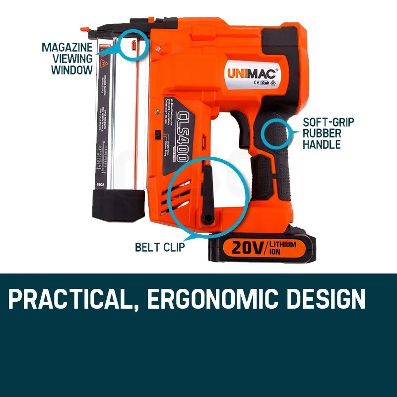 Unimac CLS400 15-50mm 16ga Brad Finishing Nail Gun, Cordless 20V Lithium Nailer