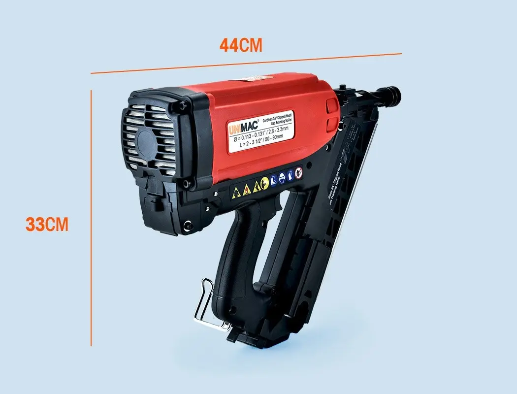 Unimac LXG3000 MkII 50-90mm 34-Deg Gas Framing Nail Gun, Commercial Brushless Gas Nailer, with 2 Li-Ion Batteries