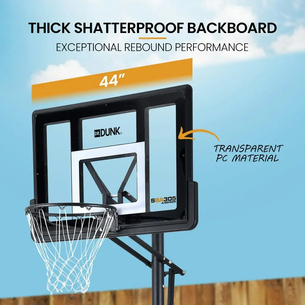 Dr. Dunk Portable Basketball Hoop Stand System, Full Size 2.45m to 3.05m Height Adjustable