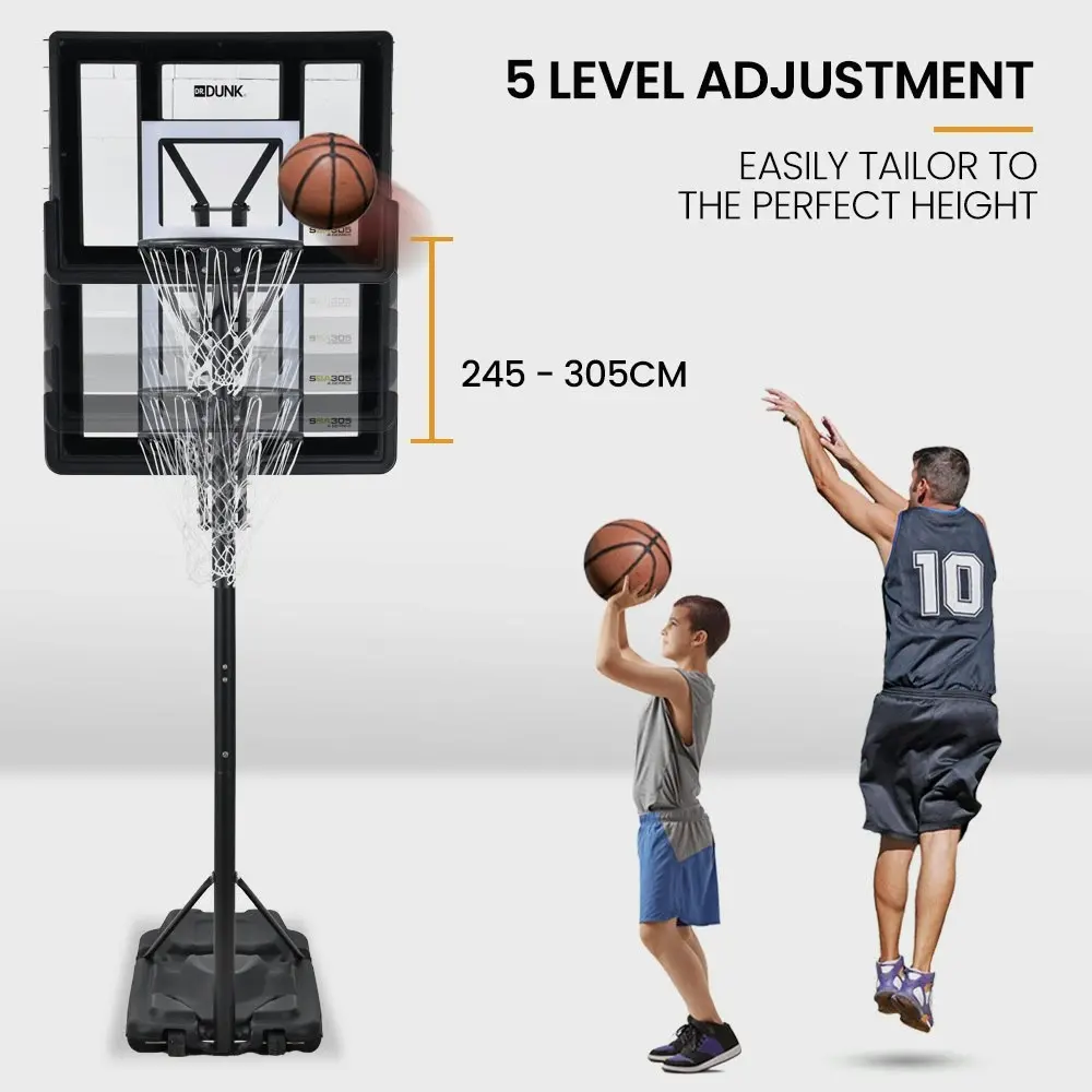 Dr. Dunk Portable Basketball Hoop Stand System, Full Size 2.45m to 3.05m Height Adjustable