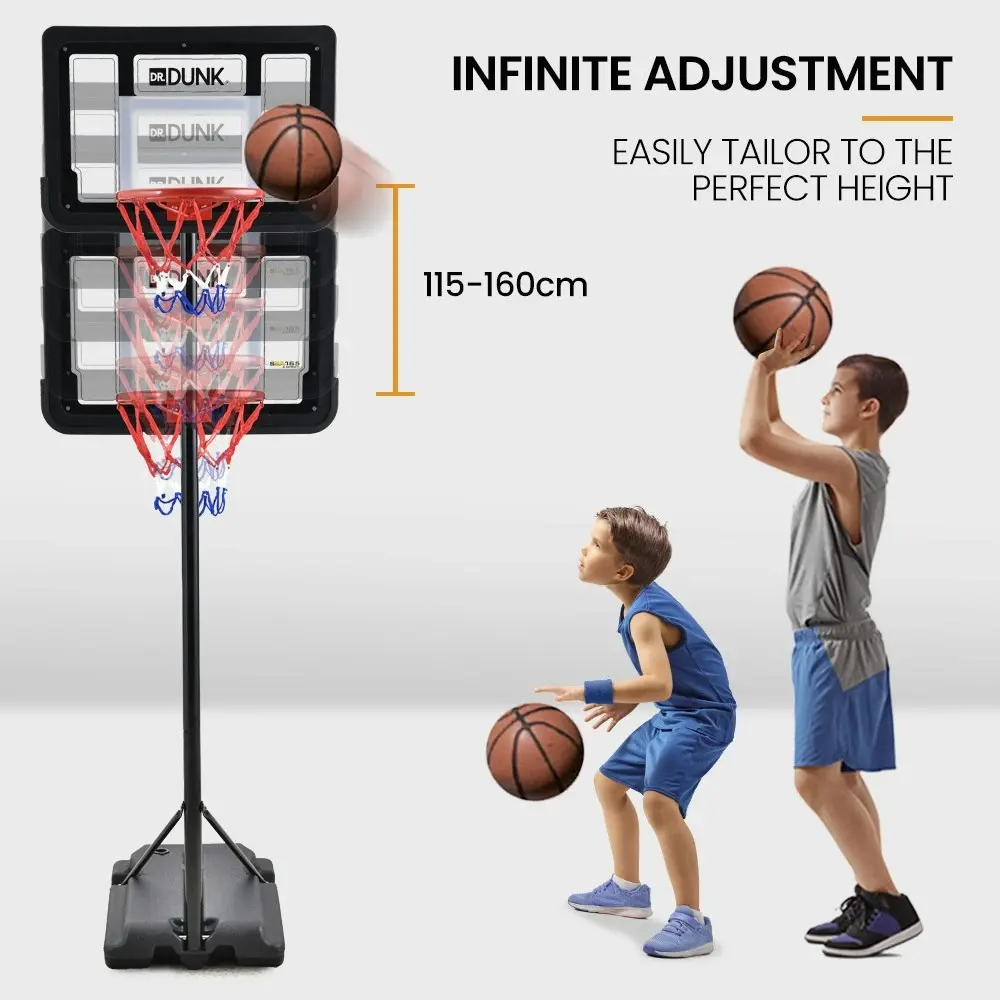 Dr. Dunk Portable Kids Basketball Hoop Stand System, 1.15m to 1.60m Height Adjustable