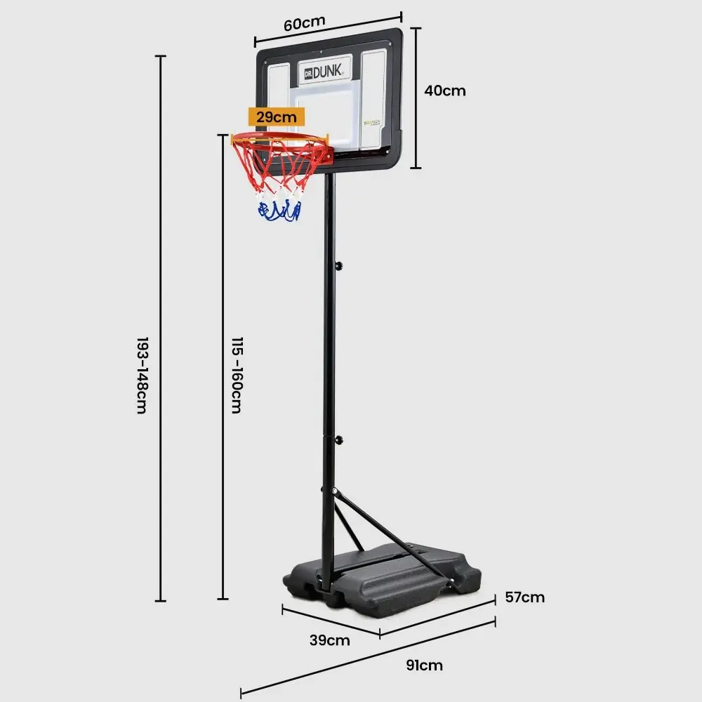 Dr. Dunk Portable Kids Basketball Hoop Stand System, 1.15m to 1.60m Height Adjustable