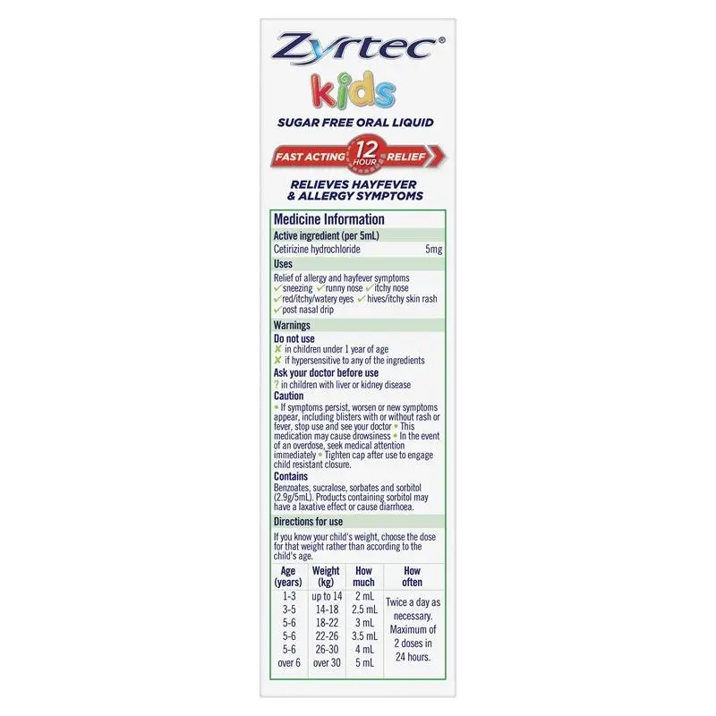 Zyrtec Kids Antihistamine Allergy & Hayfever Oral Liquid Bubblegum 60ml