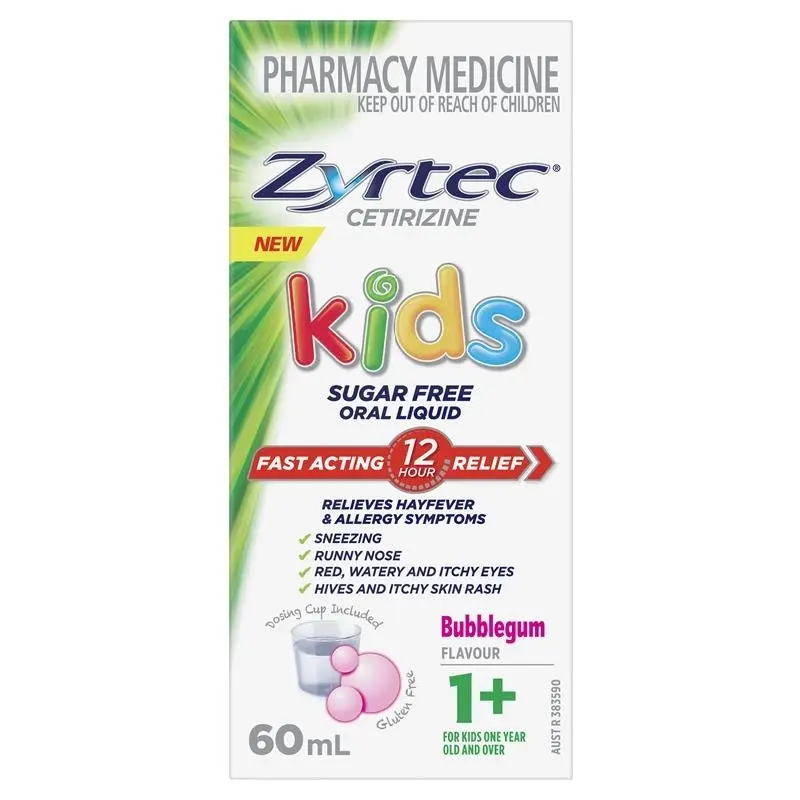 Zyrtec Kids Antihistamine Allergy & Hayfever Oral Liquid Bubblegum 60ml