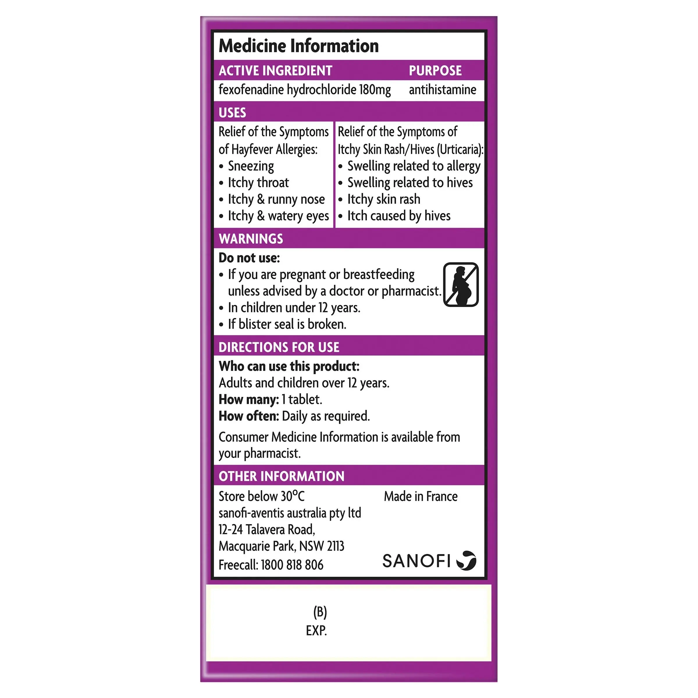 Telfast 180mg 30 Tablets