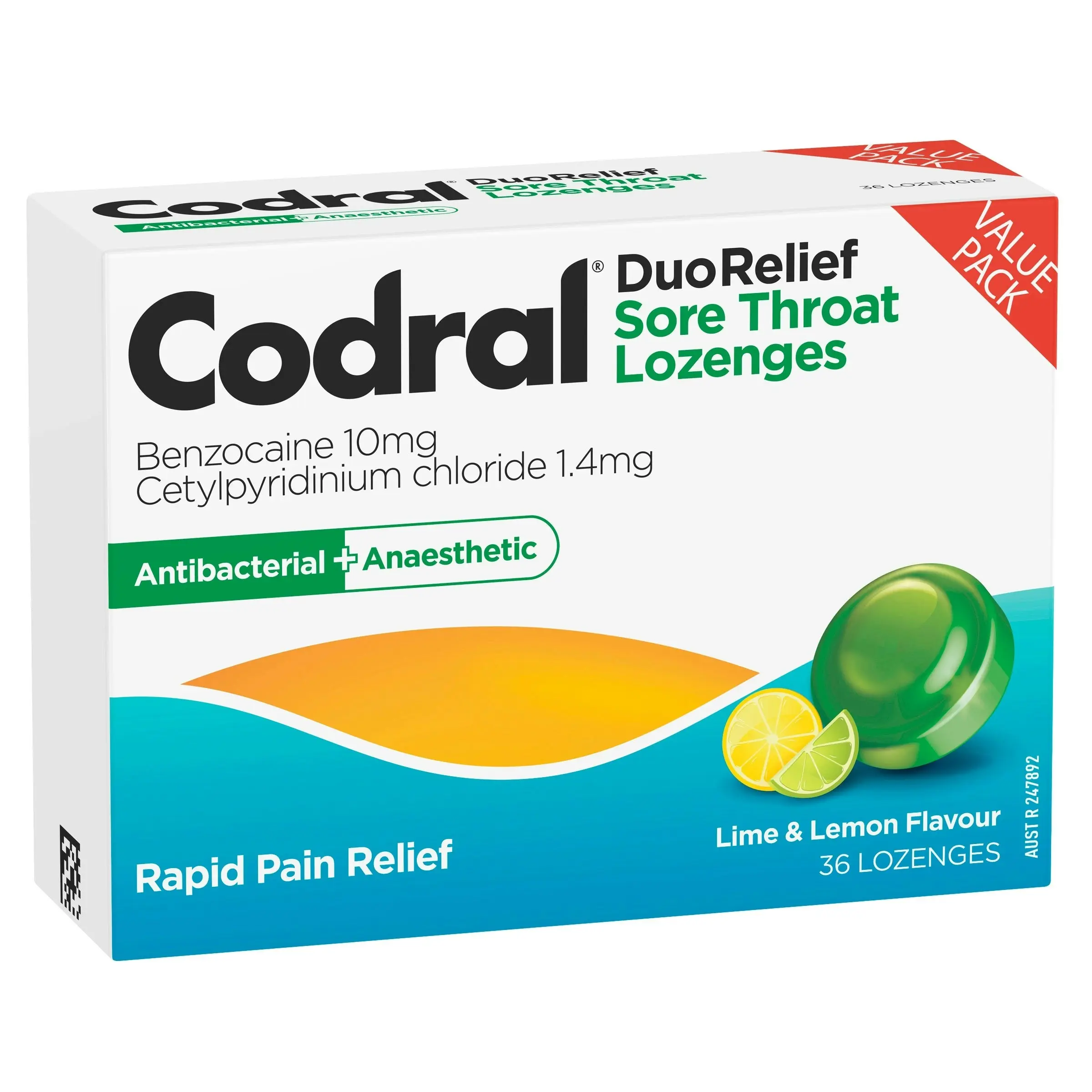 CODRAL Sore Throat Lozenges Antibacterial + Anaesthetic Lime & Lemon 36 Pack