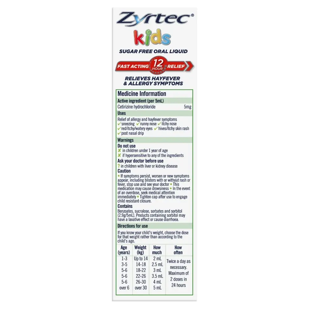 Zyrtec Kids Antihistamine Allergy & Hayfever Oral Liquid Grape 60mL