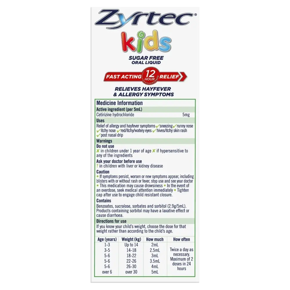 Zyrtec Kids Antihistamine Allergy & Hayfever Oral Liquid Grape 120mL