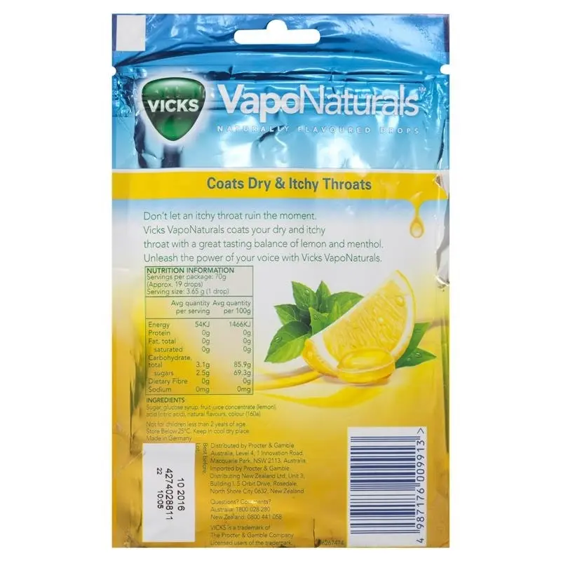 Vicks VapoNaturals Lemon Menthol Throat Lozenges 19 Drops