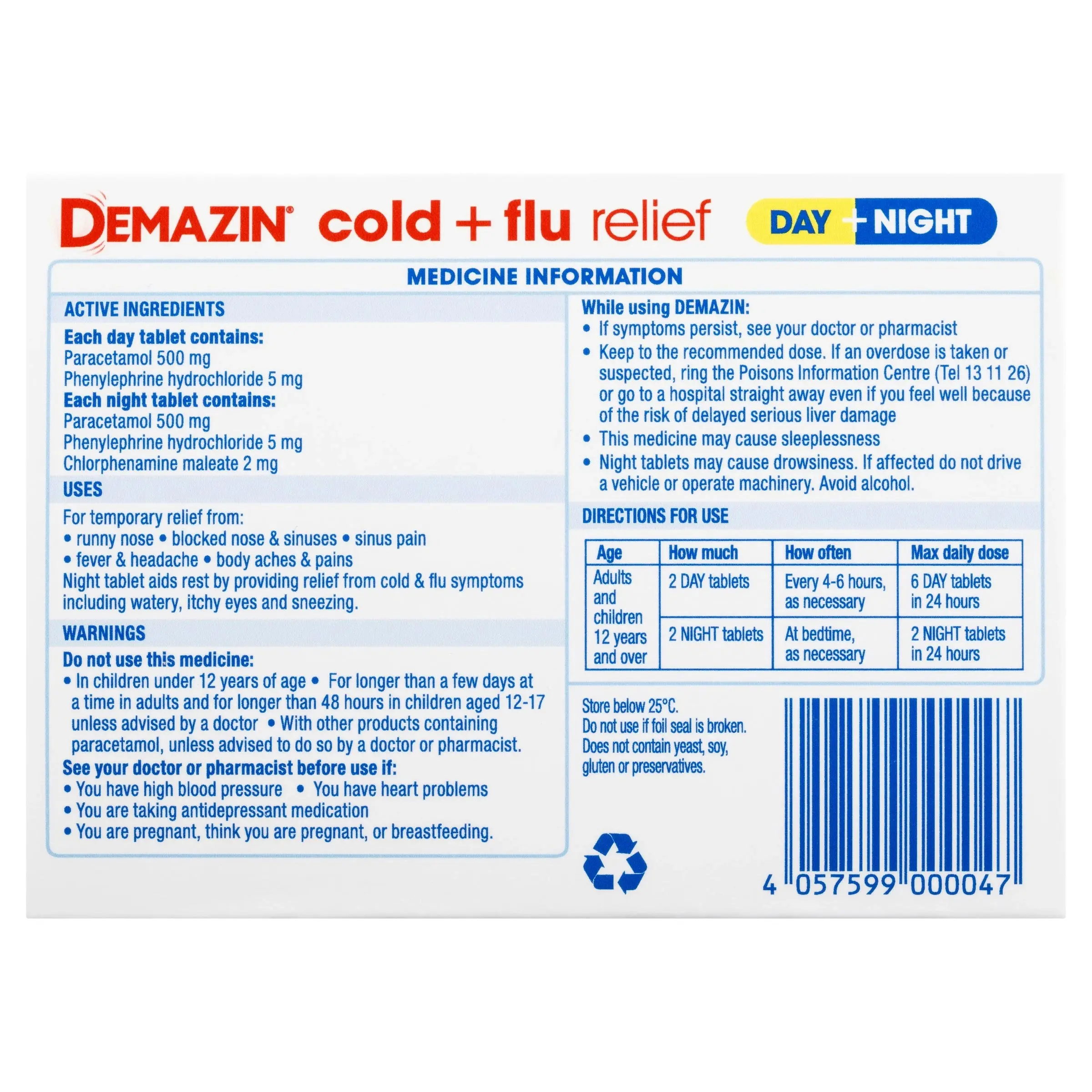 Demazin Cold & Flu Relief Day + Night 24 Tablets