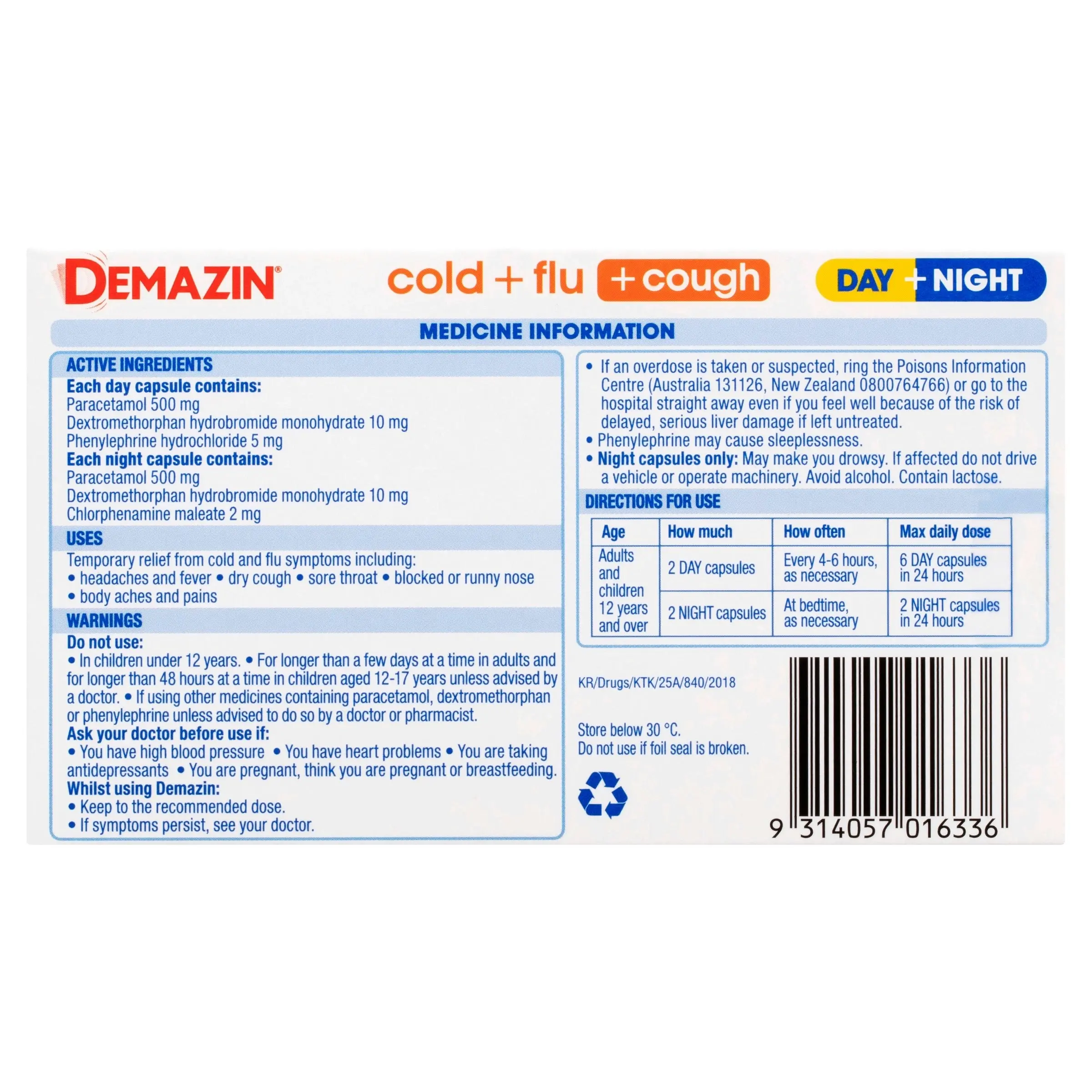 Demazin Cold + Flu + Cough Day + Night 24 Capsules